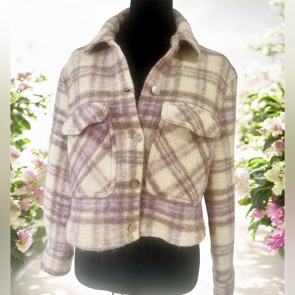 Zara Women's Checkered Utility Jacket - Cream and Purple